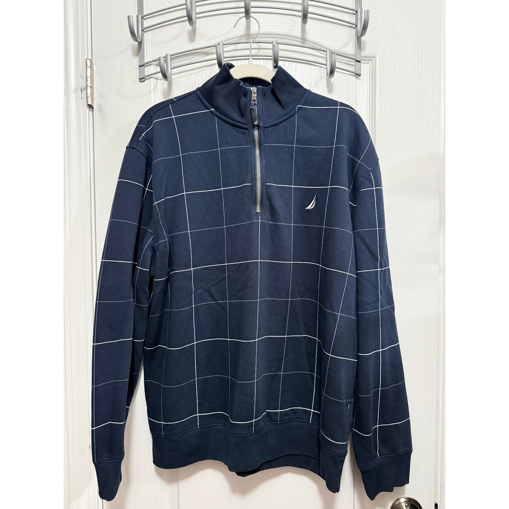 Nautica Mens XL Navy Blue Windowpane Grid Quarter Zip Fleece Pullover Sweater